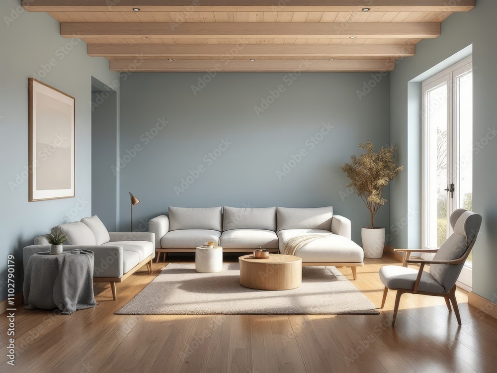 Fototapeta premium Minimalist pastel blue basement living room, perfect for modern real estate.