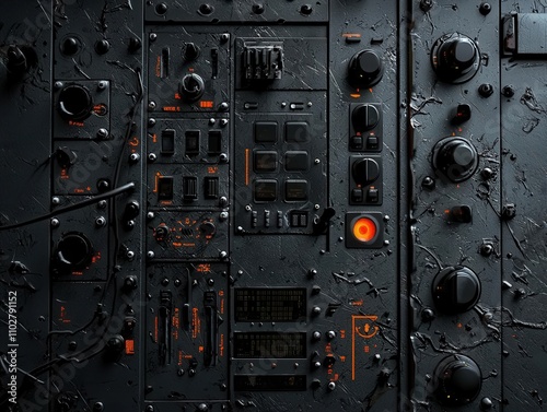 Industrial digital artwork dark-themed control panel interface