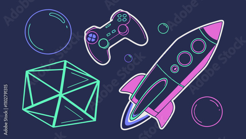 3d futuristic neon gradient object collection, including sphere, space rocket, game controller, polyhedron, cube and fluid bubbles.
