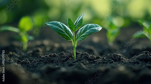 young green plant emerges from rich soil, symbolizing growth and sustainability. This captures essence of nature resilience and importance of nurturing our environment