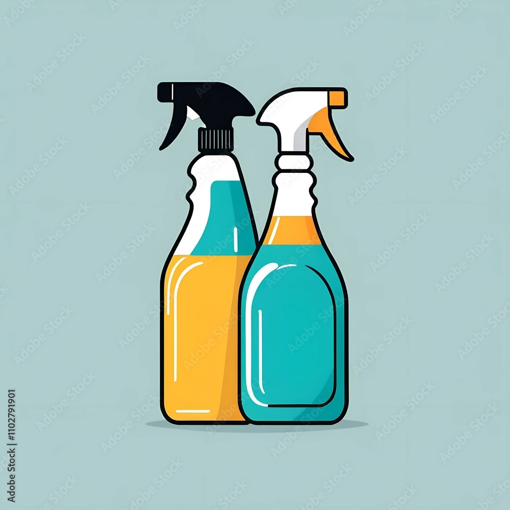 Two spray bottles with contrasting black and white nozzles, symbolizing cleaning supplies and household chores Two spray bottles with contrasting black and white nozzles, symbolizing cleaning supplies and household chores