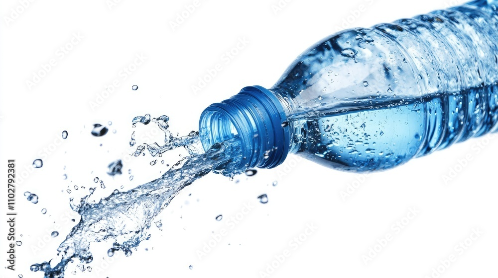 Plastic water bottle tipped at an angle with water gushing out in an arc, freezing the droplets mid-splash on white. Plastic water bottle tipped at an angle with water gushing out in an arc, freezing the droplets mid-splash on white.
