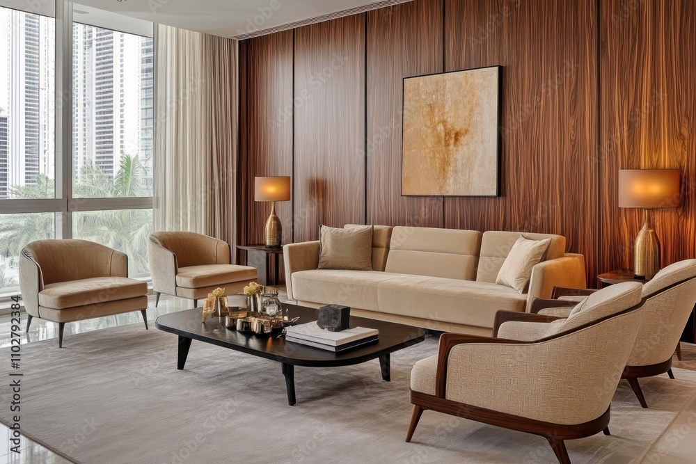 Fototapeta premium Modern living room with beige sofa, armchairs, wooden wall, and large windows.