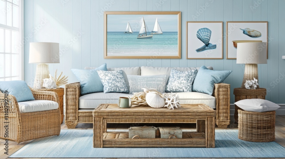 Coastal Living Room with Wicker Furniture and Light Blue Walls Coastal Living Room with Wicker Furniture and Light Blue Walls