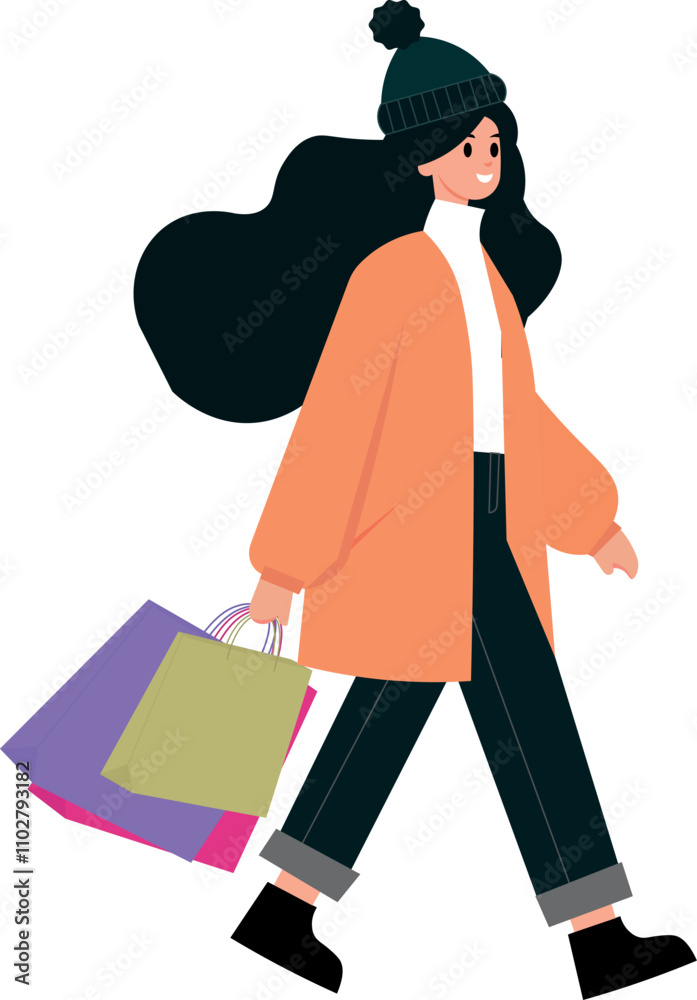 Flat illustration woman, shopping, with bags in hand Flat illustration woman, shopping, with bags in hand