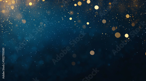 Abstract blue background with scattered gold glitter and bokeh with glow effect luxury christmas or new year celebration background design
