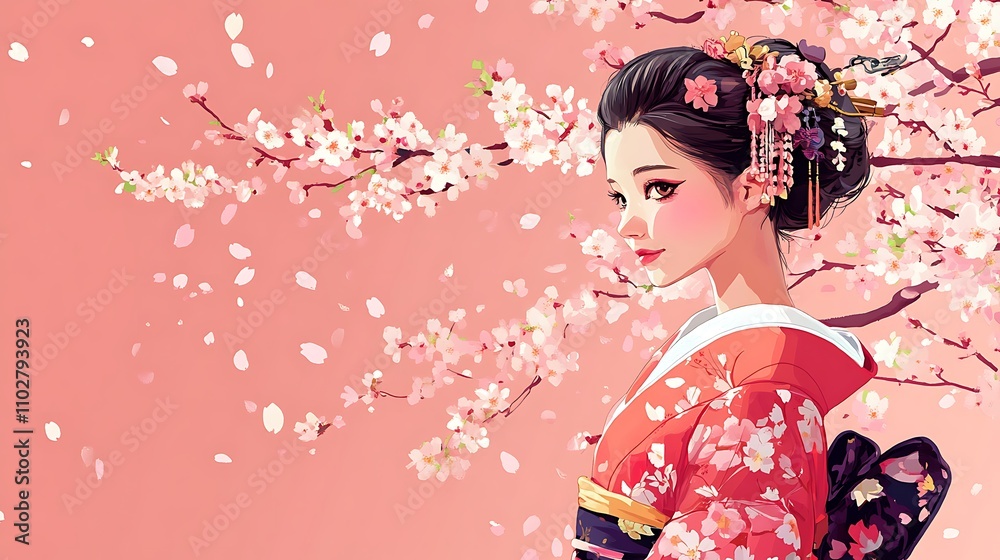 Elegant Woman in a Floral Kimono Amidst Cherry Blossoms Elegant Woman in a Floral Kimono Amidst Cherry Blossoms