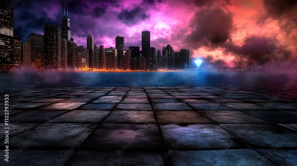 Dramatic Urban Cityscape at Dusk with Colorful Skies and Reflections Over Calm Water Surrounding Paved Area, Ideal for Background or Conceptual Images Dramatic Urban Cityscape at Dusk with Colorful Skies and Reflections Over Calm Water Surrounding Paved Area, Ideal for Background or Conceptual Images