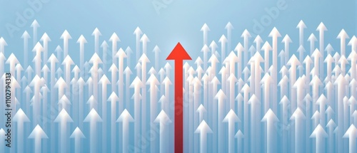 Array of white arrows pointing skyward on a tranquil blue backdrop with one red arrow straying from the path, advancement, evolution, transition, adaptability