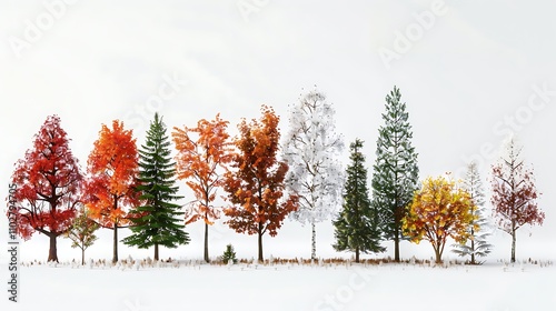 A stunning collection of trees, including oak, pine, and maple, on a pure white background 