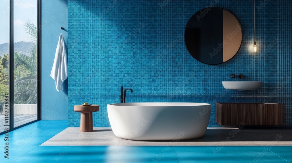 Stunning Blue Tile Bathroom with Modern Tub and Vanity Stunning Blue Tile Bathroom with Modern Tub and Vanity
