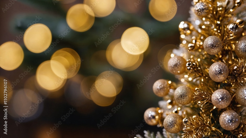 Close-up of gold and silver Christmas tree ornaments with bokeh lights in the background. Close-up of gold and silver Christmas tree ornaments with bokeh lights in the background.