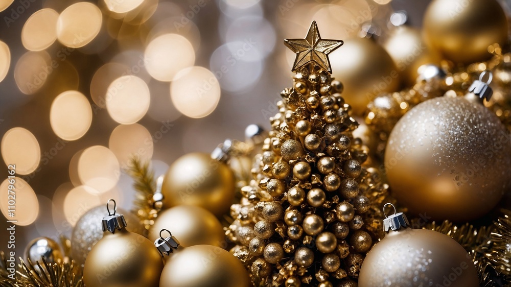 Close-up of gold Christmas baubles, miniature tree, and festive bokeh lights. Perfect for holiday cards and advertising. Close-up of gold Christmas baubles, miniature tree, and festive bokeh lights. Perfect for holiday cards and advertising.