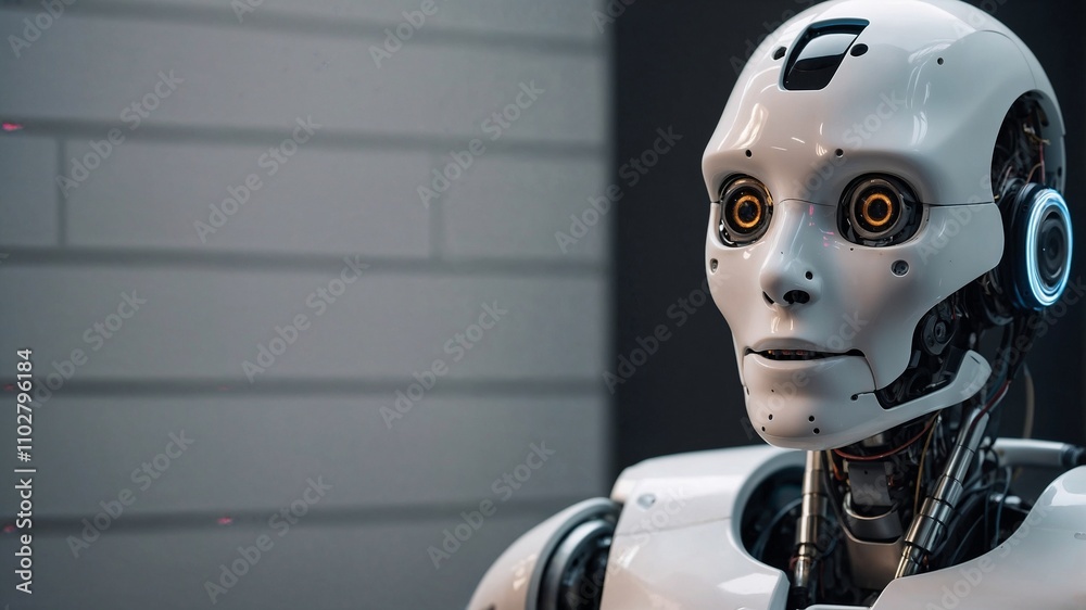 Detailed image of a futuristic humanoid robot's head and neck, showcasing intricate mechanical details.