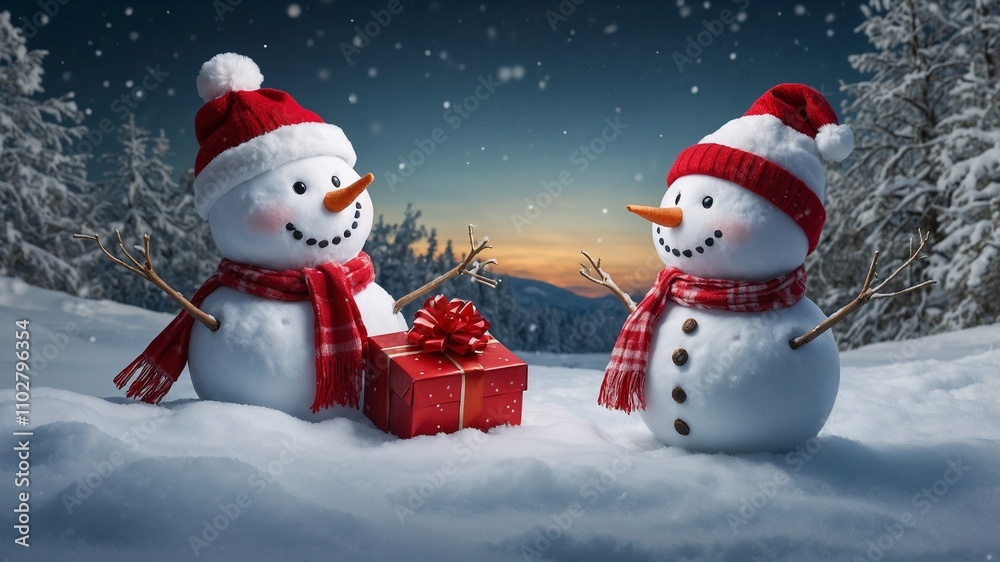 Adorable snowmen in Santa hats exchange a red gift in a snowy winter landscape. Perfect for Christmas cards and winter holiday themes. Adorable snowmen in Santa hats exchange a red gift in a snowy winter landscape. Perfect for Christmas cards and winter holiday themes.