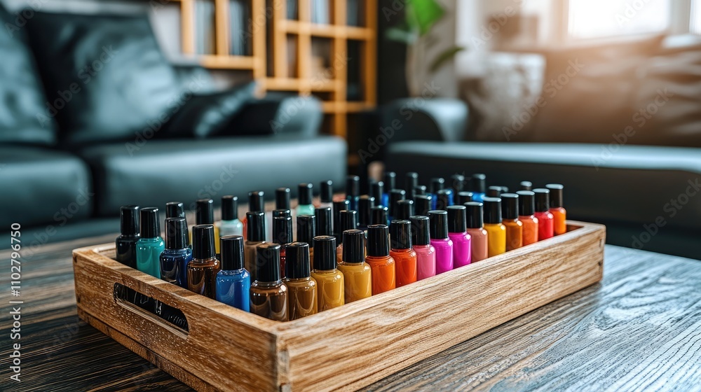Naklejka premium Colorful Nail Polish Collection in Stylish Living Room Setting