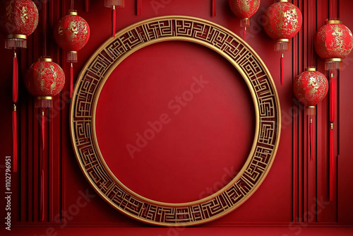 Elegant red circular frame with traditional Chinese lanterns creates a warm glow, perfect for Chinese New Year celebrations, greeting cards, and festive promotions.