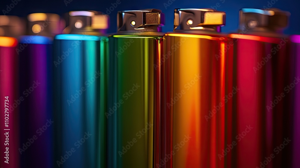 Fototapeta premium Vibrant Colorful Lighters in a Row with Shiny Metallic Finish