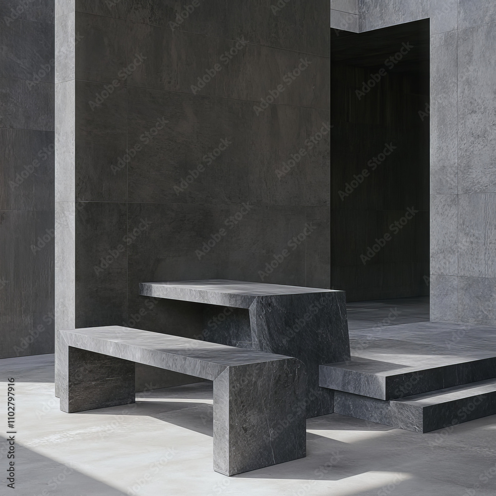 a simple bench and table in gray colors to show as elemental structures a simple bench and table in gray colors to show as elemental structures