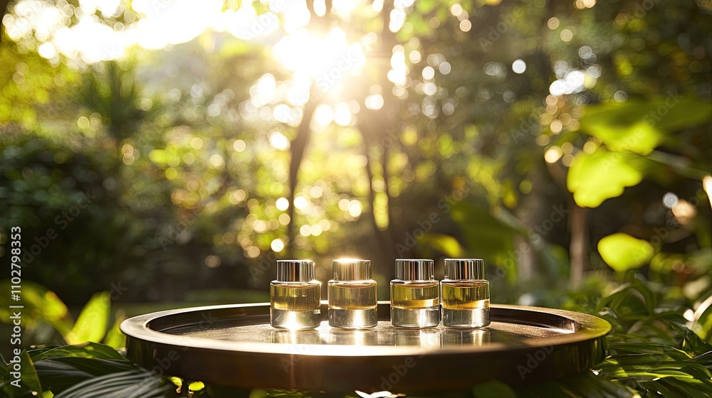 Obraz premium Elegant Perfume Bottles Displayed on Tray in Lush Green Nature