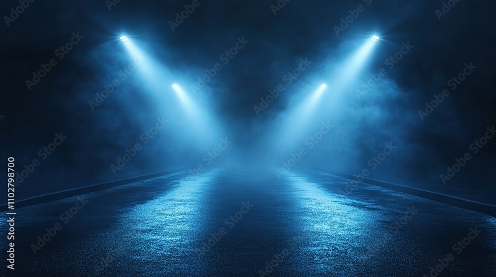 Obraz premium Dramatic Night Scene with Blue Lights and Fog on Wet Road