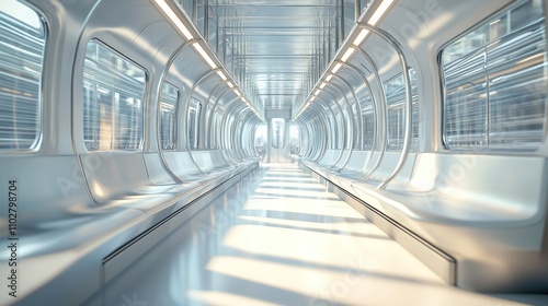 A sleek, modern subway interior with empty seats and bright lighting.