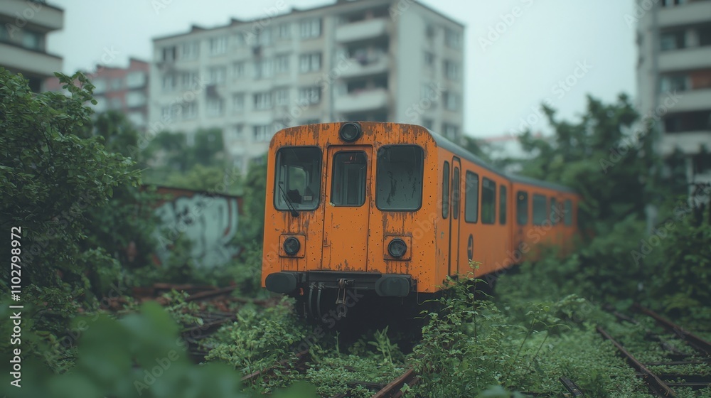 Naklejka premium Abandoned Orange Train Overgrown Tracks Urban Decay Rusty Railcar Cityscape Green Fol