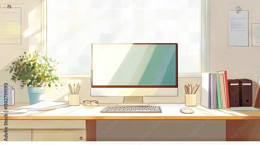 Fototapeta premium Bright and Cozy Workspace with Computer and Stationery in Sunlight