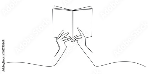 continuous line drawing of a hand holding a book.one line drawing of reading a book for education.reading a book,studying,reading a novel.single line vector illustration.isolated white background