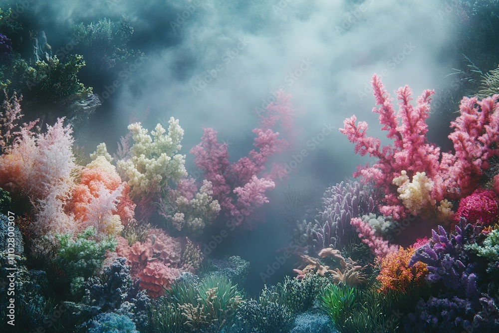 A surreal underwater world with mist rising from vibrant coral A surreal underwater world with mist rising from vibrant coral