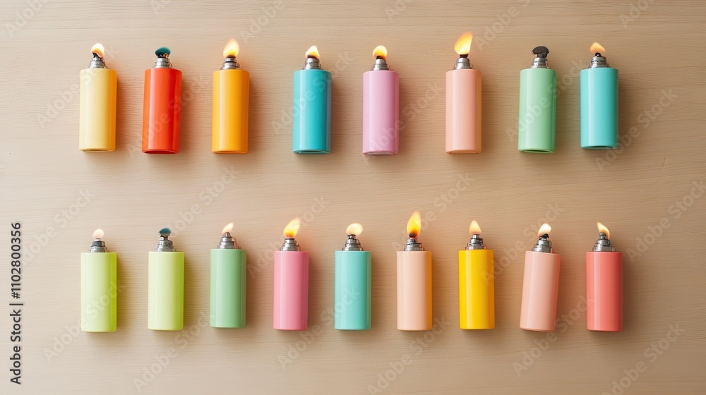 Colorful Display of Various Lighters on a Wooden Background Colorful Display of Various Lighters on a Wooden Background