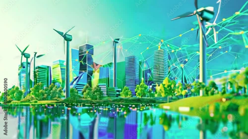 A vibrant, futuristic cityscape featuring renewable energy sources and green technology.