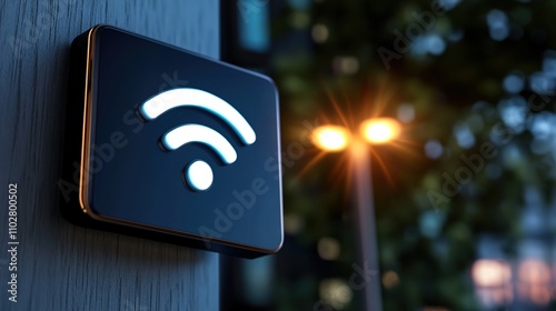 Modern Wireless Signal Icon Illuminated on a Wall in Urban Environment with Blurry Street Lights, Symbolizing Connectivity and Technology Advancement in the Cityscape photo