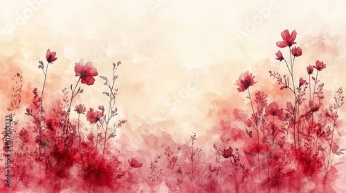 Fototapeta Naklejka Na Ścianę i Meble -  A watercolor illustration featuring delicate red flowers against a soft, pastel background.