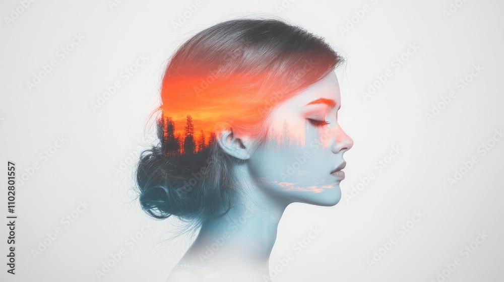 Serene Woman Silhouette Sunset Landscape Double Exposure Portrait Serene Woman Silhouette Sunset Landscape Double Exposure Portrait