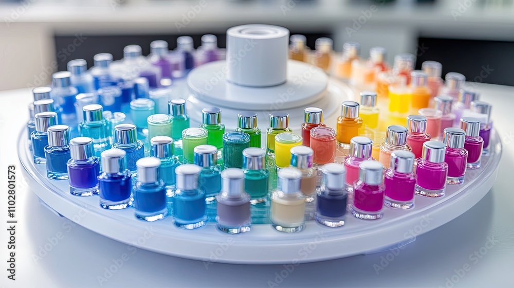 Colorful Nail Polish Display on a Rotating Stand in Bright Studio Colorful Nail Polish Display on a Rotating Stand in Bright Studio