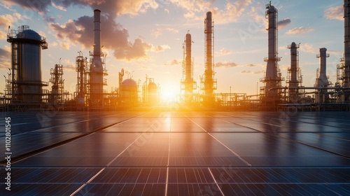Sunset over industrial solar panels renewable energy plant technology landscape urban environment wide angle viewpoint
