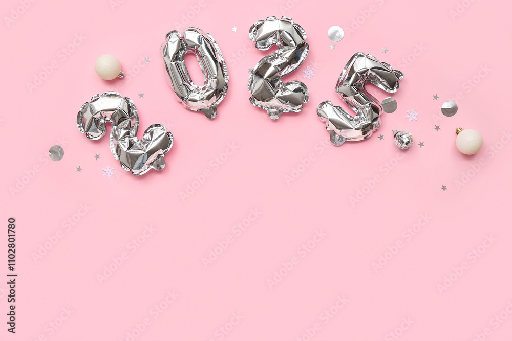 Figure 2025 made of foil balloons with Christmas balls and confetti on pink background Figure 2025 made of foil balloons with Christmas balls and confetti on pink background