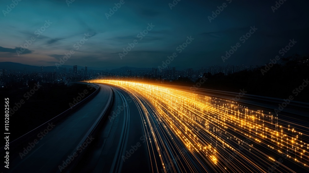 Captivating Night Scene of City Lights and Light Trails Along a Winding Road with a Dusk Sky and Urban Skyline in the Background Captivating Night Scene of City Lights and Light Trails Along a Winding Road with a Dusk Sky and Urban Skyline in the Background