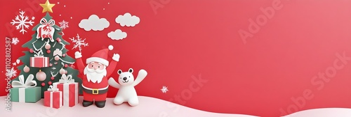 Santa and Friends Christmas Scene - Red Background. Space for text