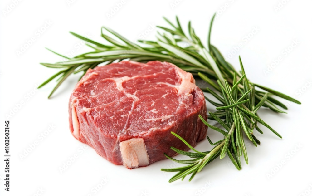 raw beef chop and rosemary isolated on white background raw beef chop and rosemary isolated on white background
