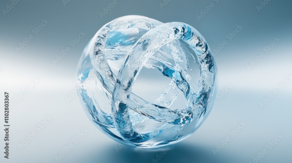 A transparent, intertwined ice sculpture resembling a spherical design with fluid shapes. A transparent, intertwined ice sculpture resembling a spherical design with fluid shapes.