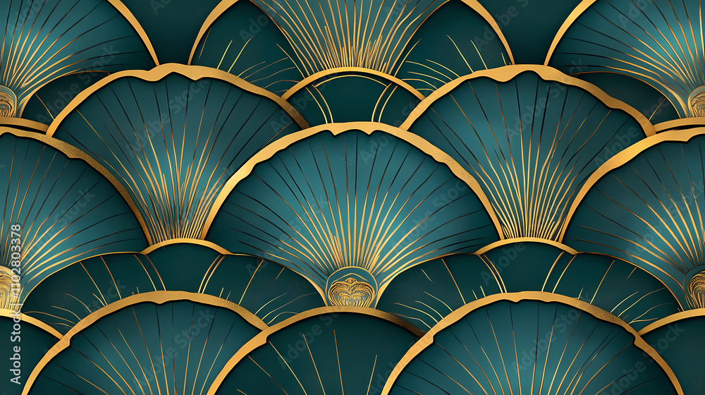 Elegant teal and gold art deco fan pattern, seamless blend. Deco. Illustration Elegant teal and gold art deco fan pattern, seamless blend. Deco. Illustration