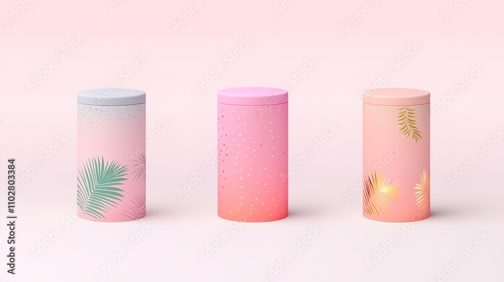 Three Stylish Round Containers with Tropical Designs and Pastel Color Gradients Perfect for Modern Interior Decor and Gift Presentation Three Stylish Round Containers with Tropical Designs and Pastel Color Gradients Perfect for Modern Interior Decor and Gift Presentation