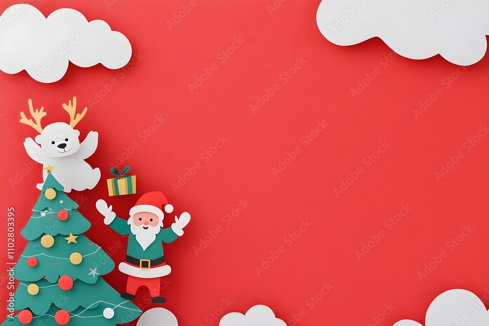 Fototapeta premium Santa and Friends Christmas Scene - Red Background. Space for text