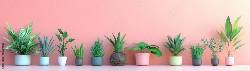 A vibrant display of various houseplants in decorative pots against a pastel pink wall, creating a fresh and lively indoor atmosphere.