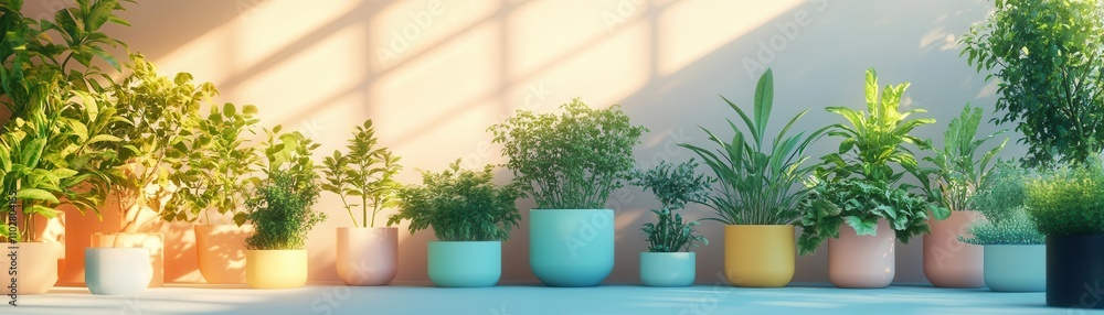 A vibrant display of potted plants in various colors, basking in sunlight, creating a lively indoor green space. A vibrant display of potted plants in various colors, basking in sunlight, creating a lively indoor green space.