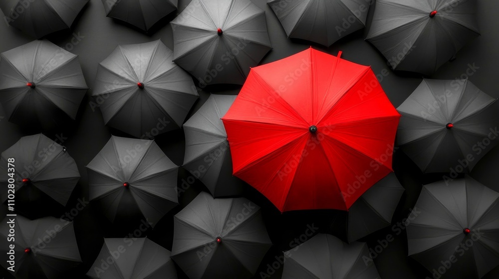 red umbrella on top of other gray umbrellas. Business and safety concept red umbrella on top of other gray umbrellas. Business and safety concept