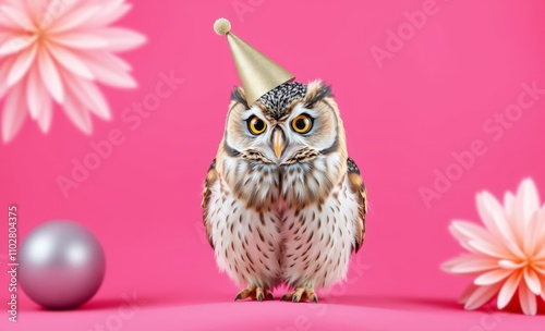 A small owl with a party hat on a pink backdrop birthday backdrop Ultra realistic Photorealistic Deco era  photo