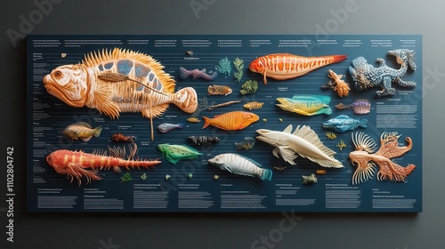 A vibrant display of marine life specimens, showcasing various fish and invertebrates alongside detailed labels in a scientific illustration style.